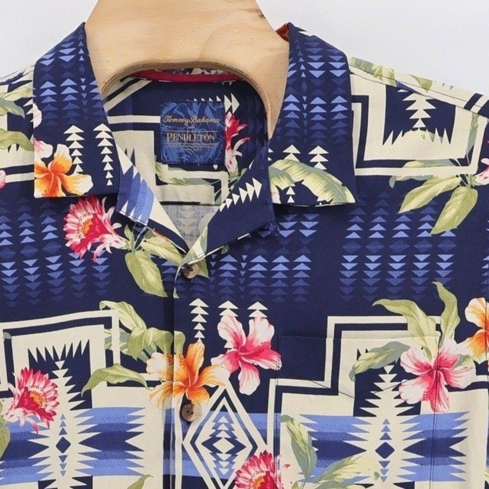 Tommy Bahama Pendleton Silk Geometric Floral Shirt Blue Short Sleeve Mens XL